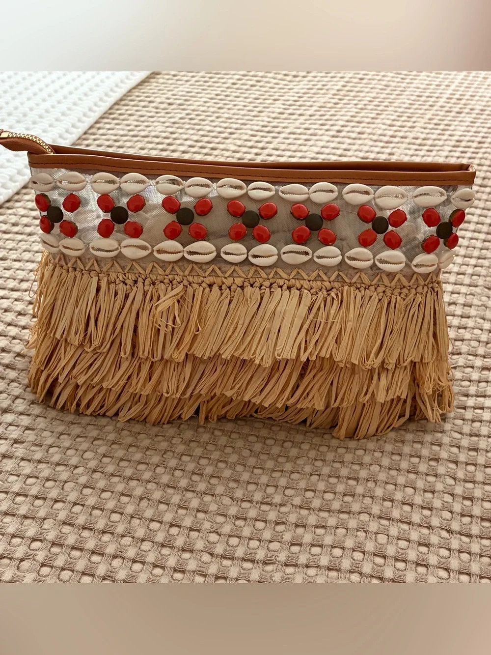 Tory Burch Raffia /Straw Fringe Clutch with Orange, White and Tan Shell Trim